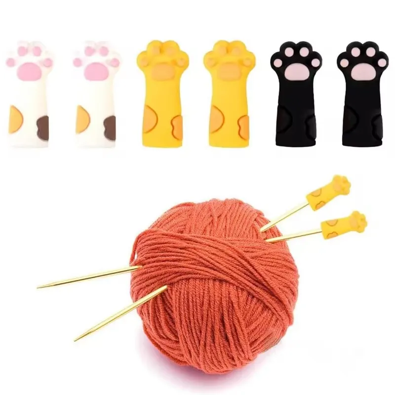 6 件套 Cute Cat Paw Knitting Needle Stoppers Needles Point Silicone Protector Anti-Shedding Cap DIY Weave Tool Sewing Accessories 2