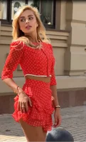 Ensemble chemisier à volants et jupe pour femme, haut court à manches mi-ballon imprimé, robe courte superposée taille haute, tenue décontractée d'été 5