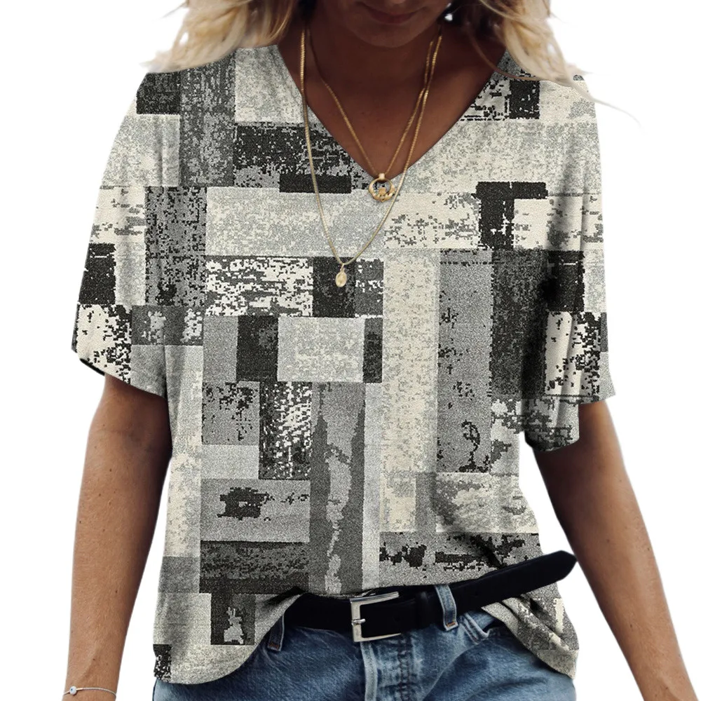 

Women's Short Sleeve T-Shirt Casual Plaid Graphic Tees For Ladies V-Neck Loose Blouse Summer Vintage Print Girls Clothing Tops