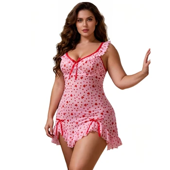 Women Plus Size Lingerie Set Mesh Heart Print Underwire Nightwear Backless Hollow Out Chemise Ruffle Hem Romantic Nightdress