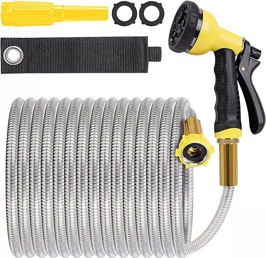 

Metal Water Garden Hose 100ft - Heavy Duty Stainless Steel 8-Function Sprayer & Adjustable Nozzle Lightweight & Flexible