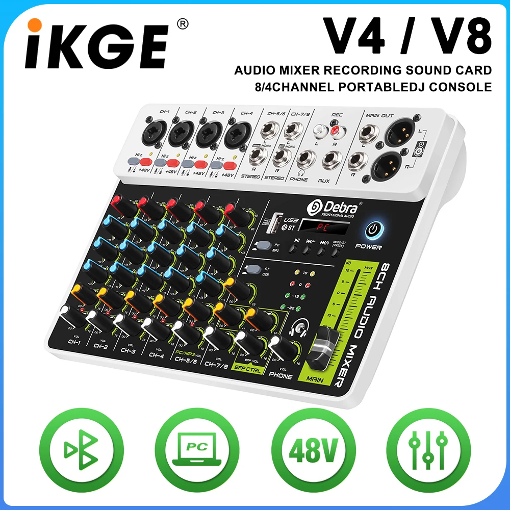 Debra V8 8-Channel Audio Mixer DJ Console Bluetooth 5.0 48V Phantom Power Delayed Replay Effects For Karaoke PC Recording audio mixer