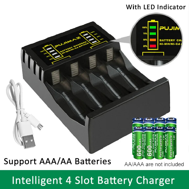 AA/AAA Rechargeable Battery Charger LCD Display 4 Slot Portable Adapter USB Cable Type-C Batteries Interface Fast Charging Tools