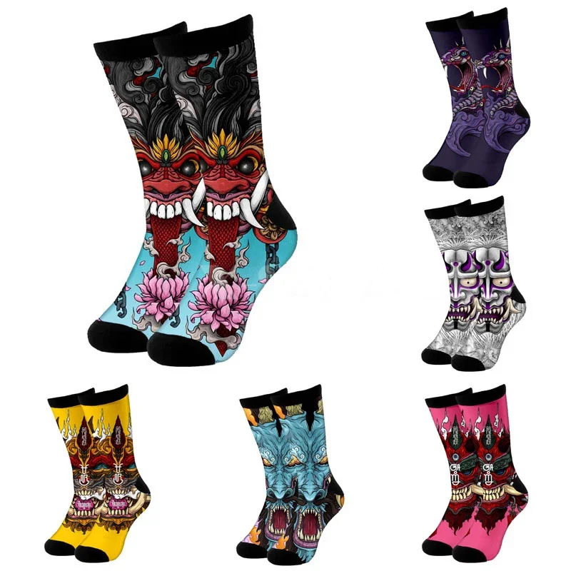 

Длинные хлопковые носки с 3D-принтом самурайская маска с татуировкой ниндзя воин, велосипедные повседневные новые высокие носки для мужчин и женщин, забавные цветные-1