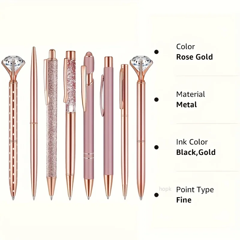 8/9개 로즈골드 볼펜 여성용 학용품 세트 액체 모래 글리터 블랙 잉크 펜 결혼식 사무용품 선물