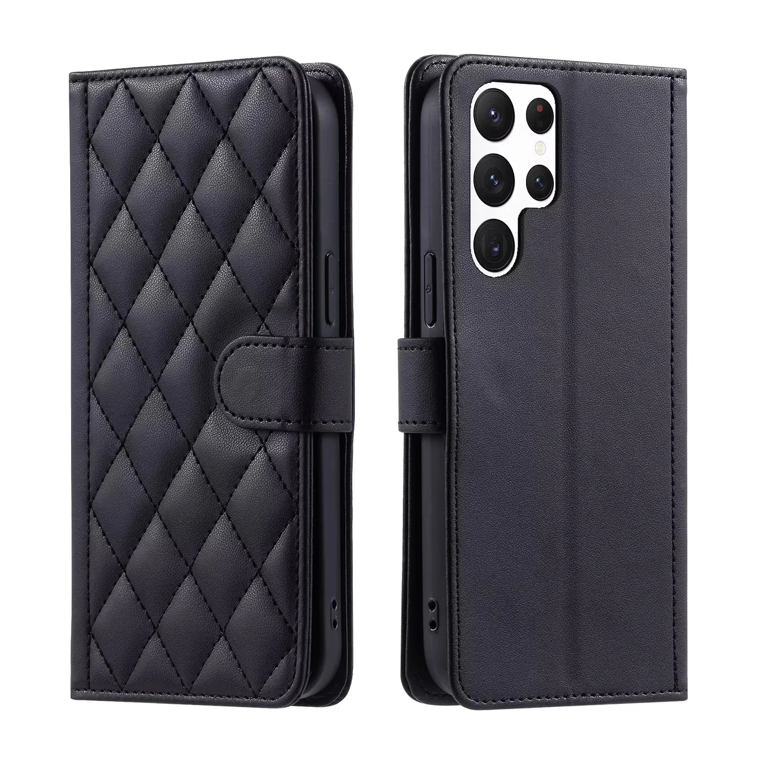 Checkered Leather Wallet Case with Lanyard - Stylish Flip Phone Cover