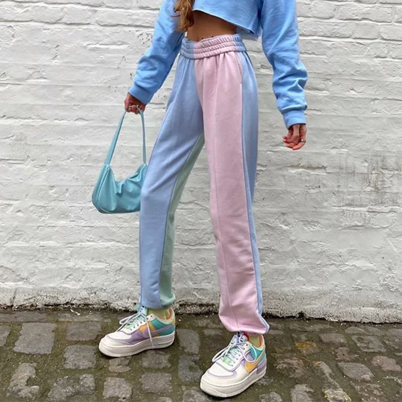 Contrast Color Baggy Women Losse Hight Jogger Sweatpants Casual Pink Blue Patchwork High Waist Trouser Hip Hop Streetwear Female