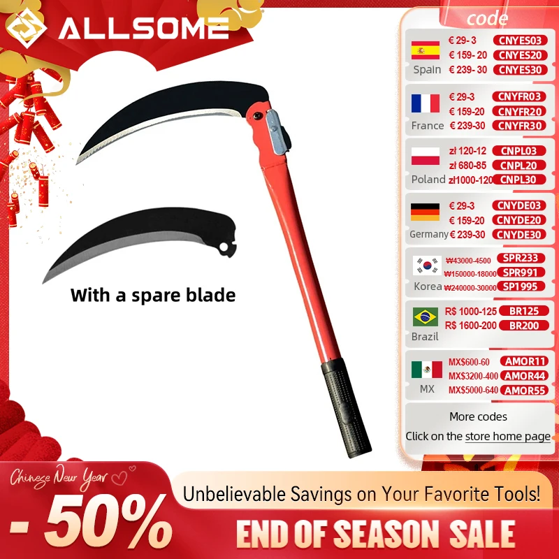 Agricultural Folding Sickle Long Handle Folding Scythe Lawn Mower Gardening Grass Weeding Knife with spare blade Garden Tool