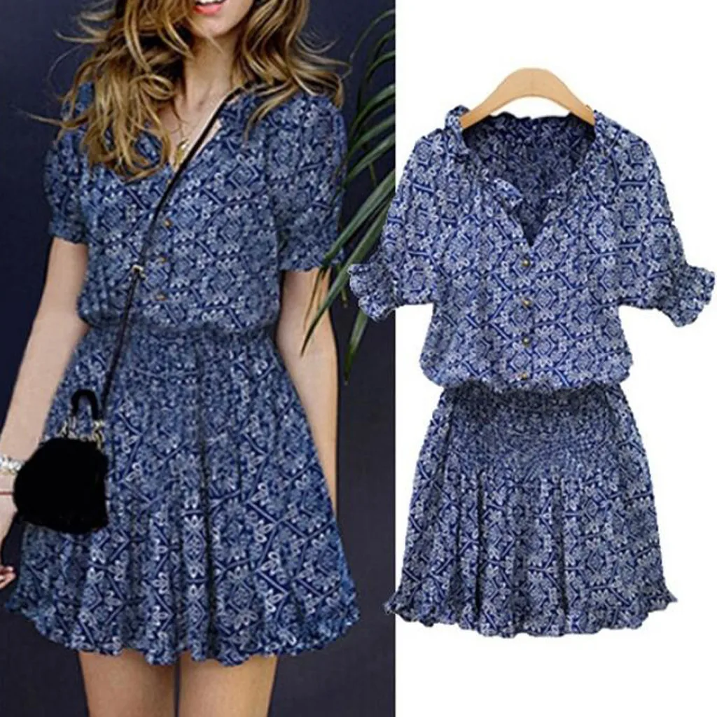 

Floral Print Dress For Women Short Sleeve V-neckline Casual Summer Mini Women's Dress Casual Knee Length Dresses for Women