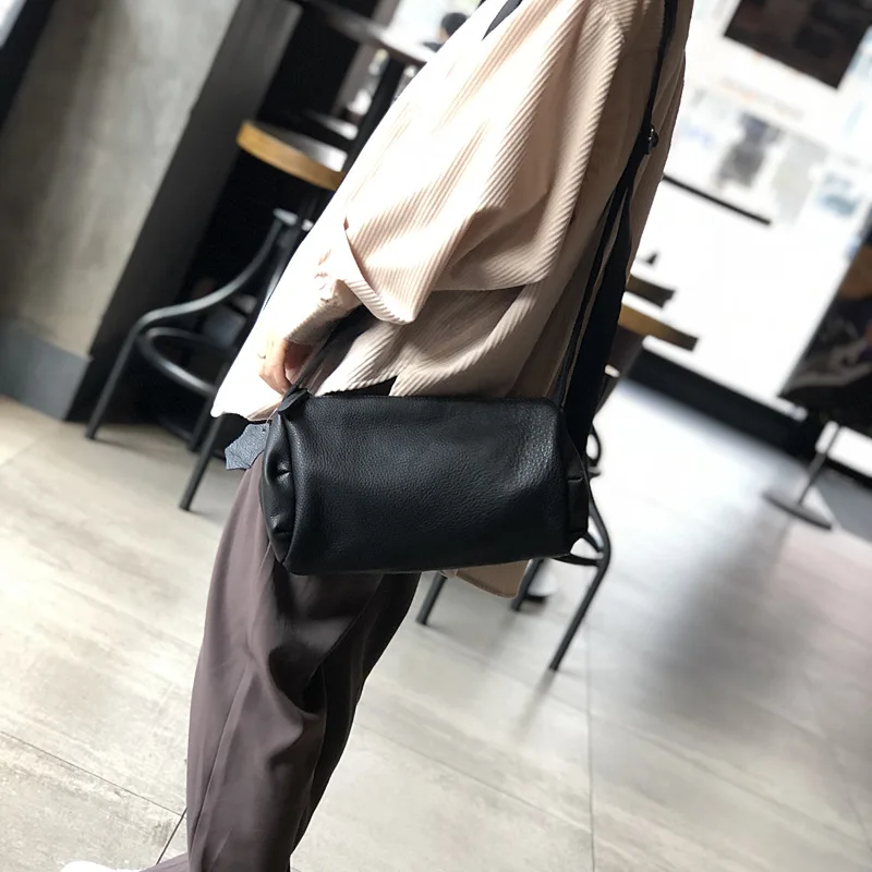 Genuine Cow Leather Women's Shoulder Bag 2023 New Leisure Cylinder Soft Leather Retro Shoulder Bag Street Trend Lady Cowhide Bag