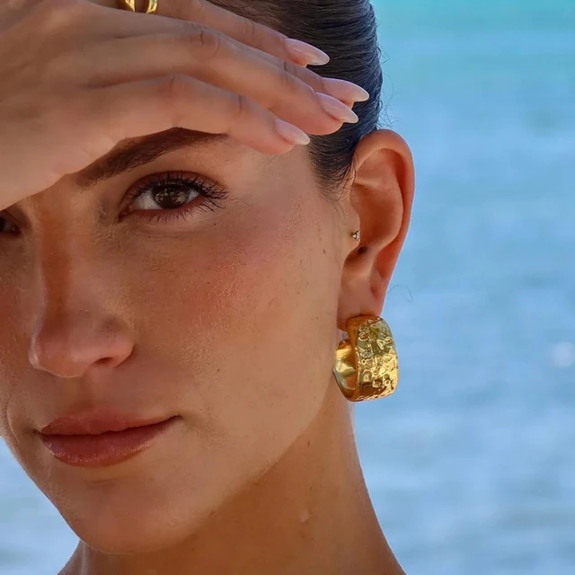 Vintage Gold Plated Hammered Hoop Earrings for Women Statement Wide C Shape Circle Earring Stainless Steel Punk Jewelry Gift 4