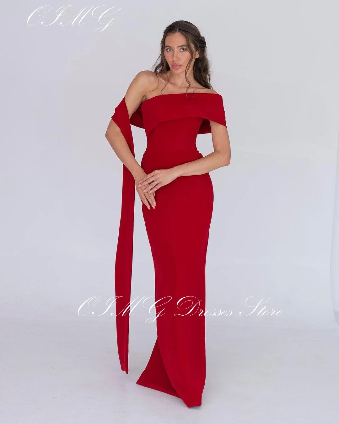 

OIMG Gorgeous Red Prom Dresses Short Sleeves Sheath Women Floor Length Satin Slit Evening Gowns Occasion Formal Party Dress