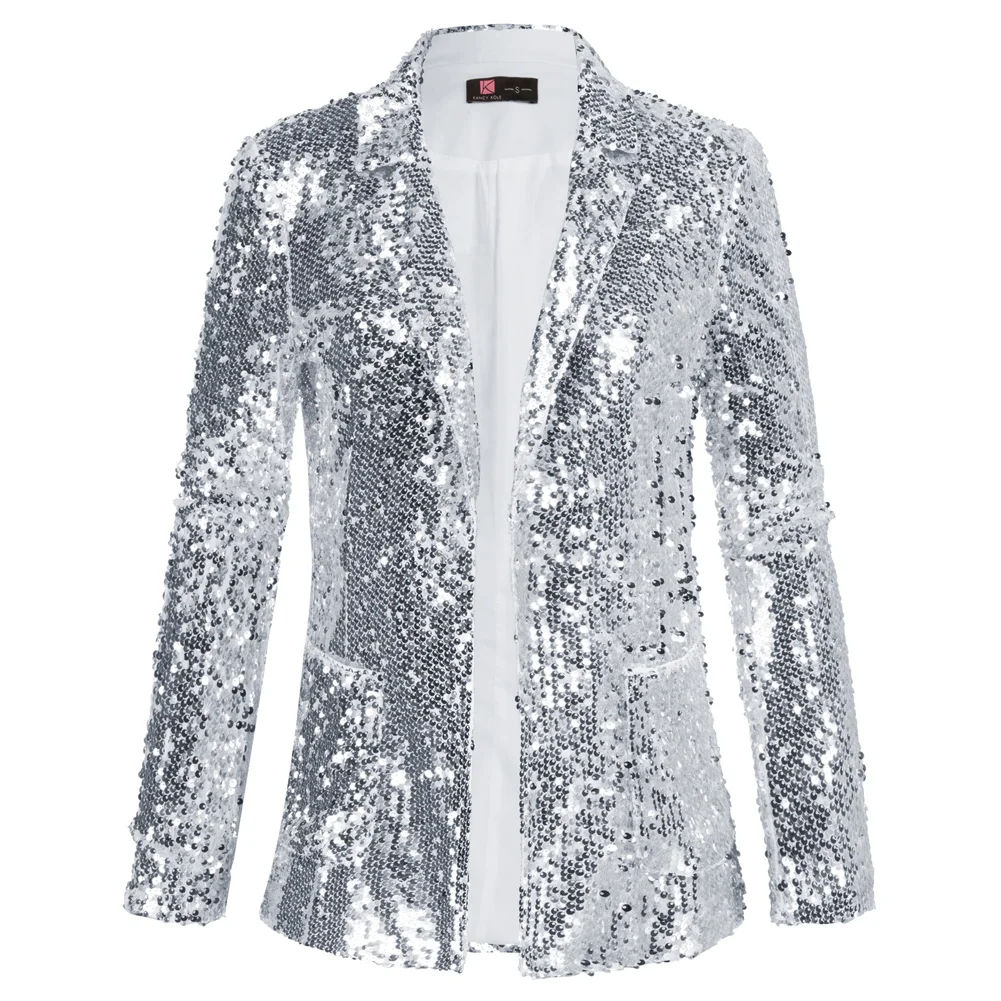 KK Women Sequined Coat Long Sleeve Lapel Collar Hips Length Office Lady Cocktail Party Jacket Formal Fashion Outerwear Casual