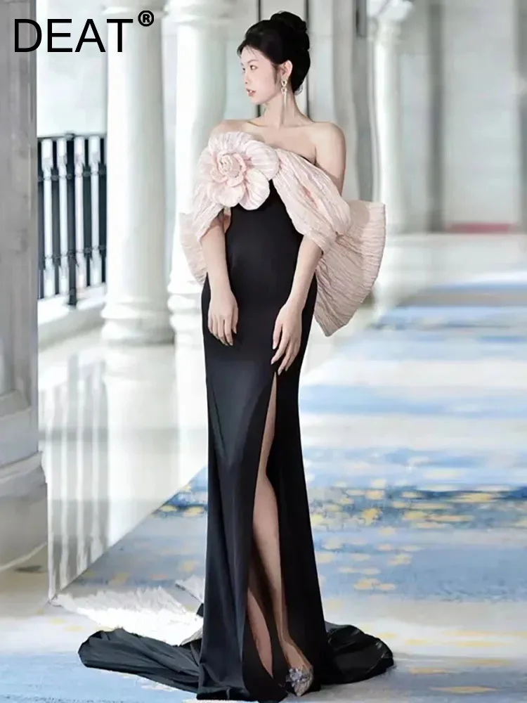 

DEAT Women's Fashion Evening Dress Backless 3D Flower Bow Trailing Contrast Color Split Elegant Dresses Spring 2024 New 13DB4936