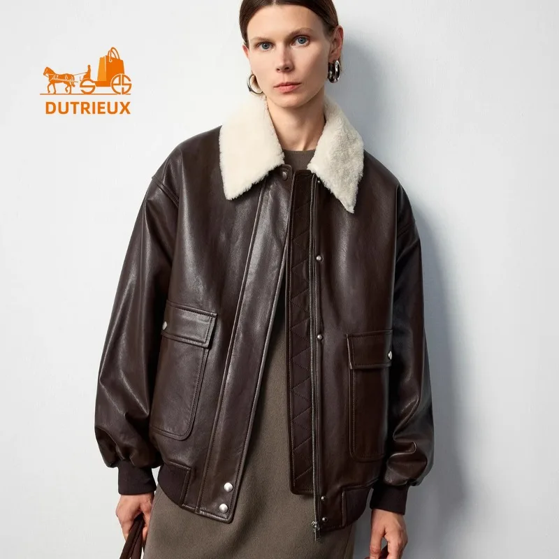 2025 New Winter Women's Fur Collar Quilted Workwear Genuine Leather Jacket, 100% Real Sheepskin Retro and Versatile Casual Coat