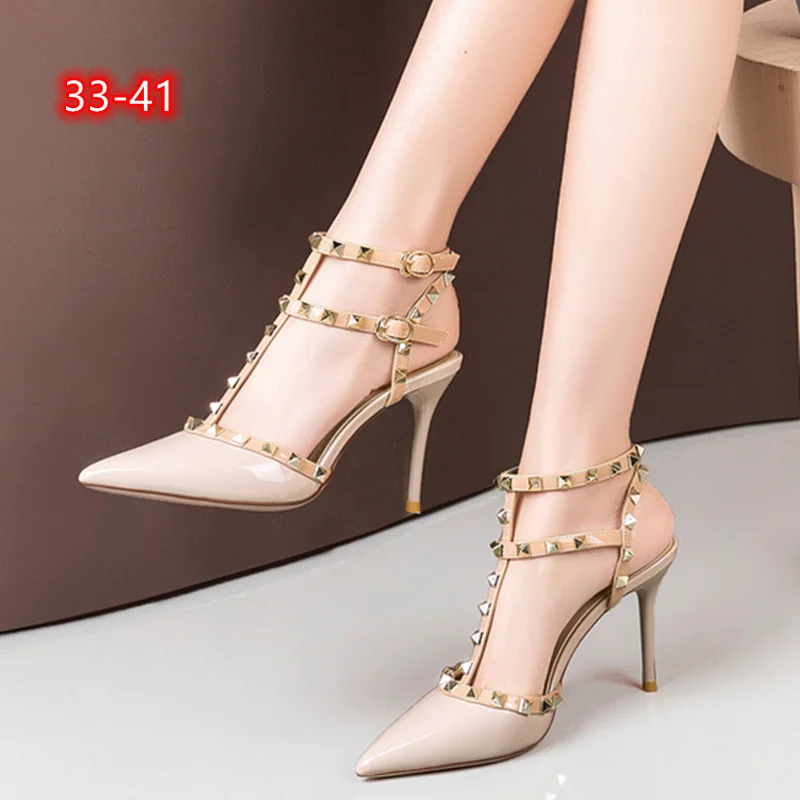 

Lady British American Fashionable Sandals With Buckle Strap Lock Stud Copy Brand Shoes Pointy Toe Thin Heels Pumps Grey Fog Blue