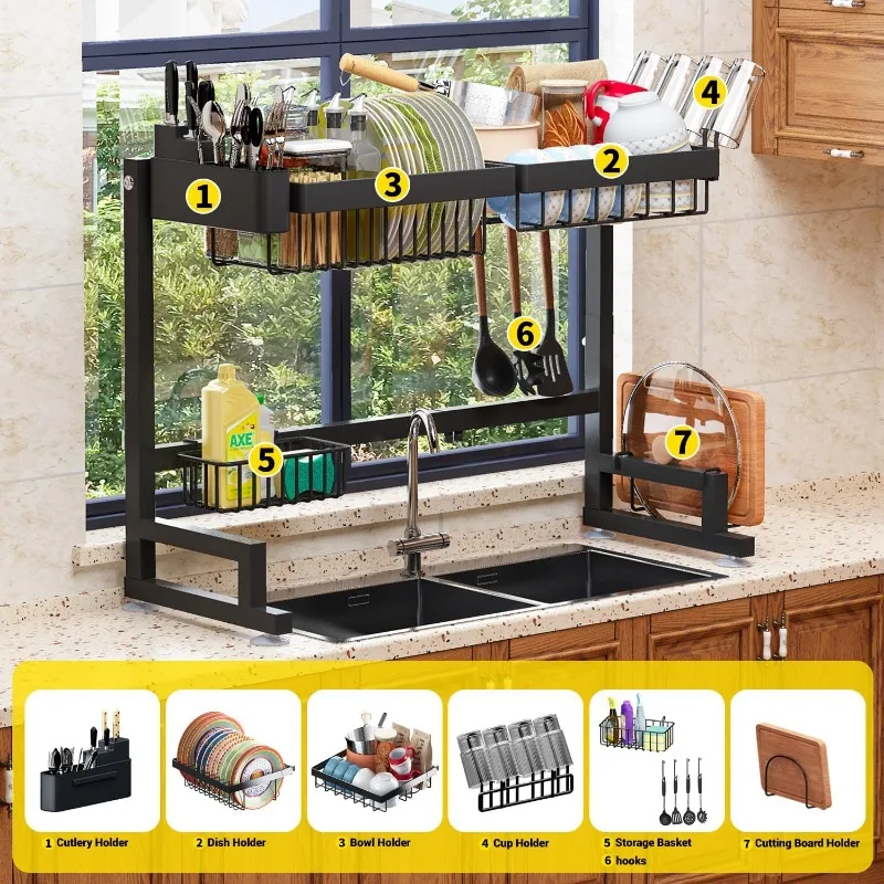 Over Sink Dish Drying Rack Snap-On Design Large Dish Drainer Storage24" - 35.5"(L) x 12"(W) x 19" - 22"(H) 4
