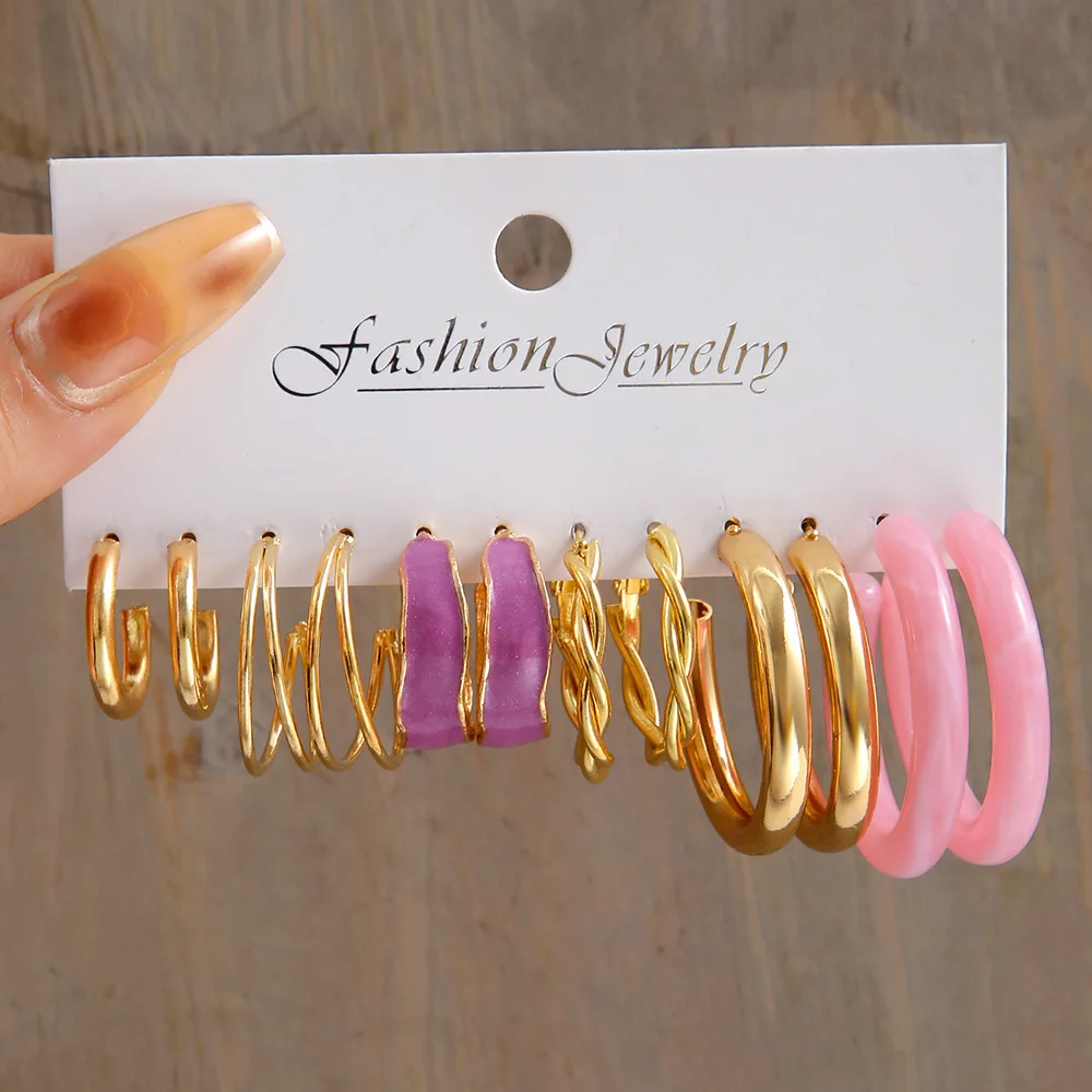 Pearl Earrings 6 Pcs Gold-color Earrings Creative Simple Temperament Women Temperament C Shaped Geometric Fake-pearl Metal Earrin