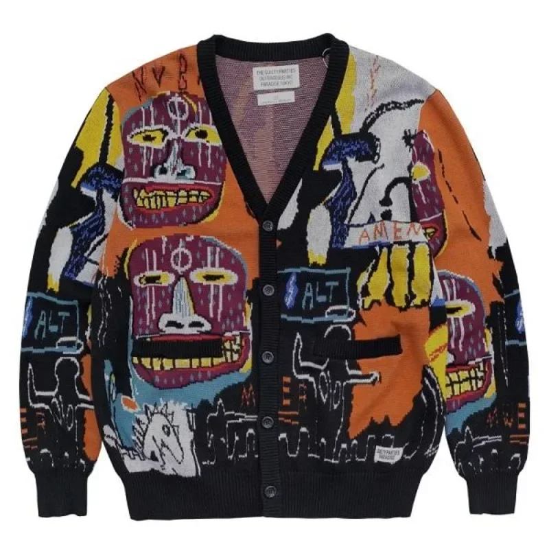 

High quality 1:1 V-Neck Full Graffiti Jacquard WACKO MARIA Knitted Cardigan Coat Oversize Sweater