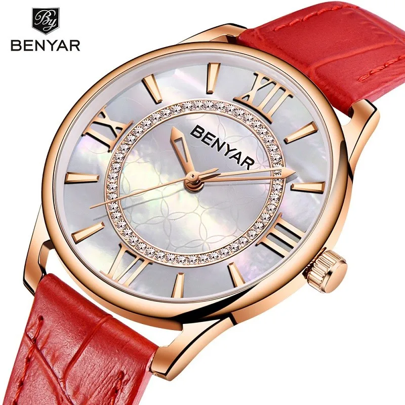 Benyar-relógio de Pulso de Couro Impermeável Feminino Quartzo Elegante Marca Superior Luxo Novo Moda