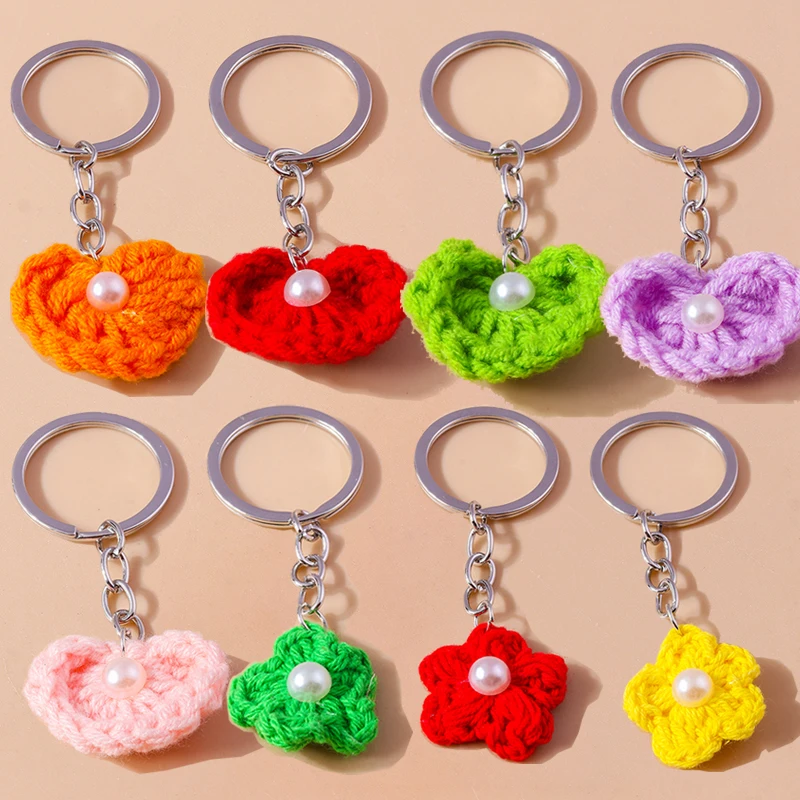 Cute-Handmade-Knitted-Heart-Keychain-for-Women-Girl-Crocheted-Flower ...