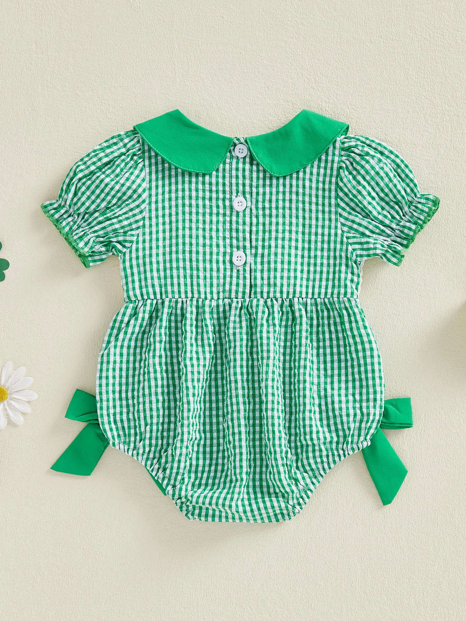 Irish Charm Toddler Girl Green Plaid Romper with Shamrock Embroidery and Doll Collar for St Patrick s Day Celebrations