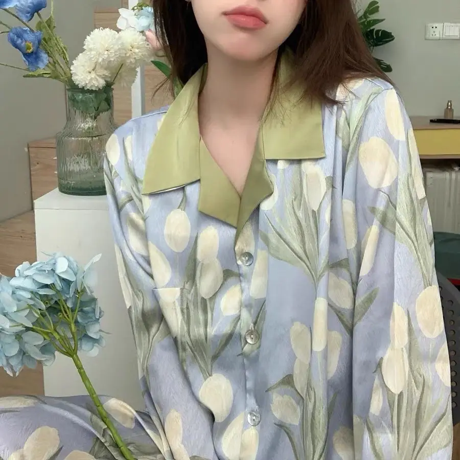 Pijamas 2 Piece Women Set Spring Autumn Long Sleeve Pajamas for Woman Silk Fashion Sleepwear Flowers Print Sexy Satin Pajama Set