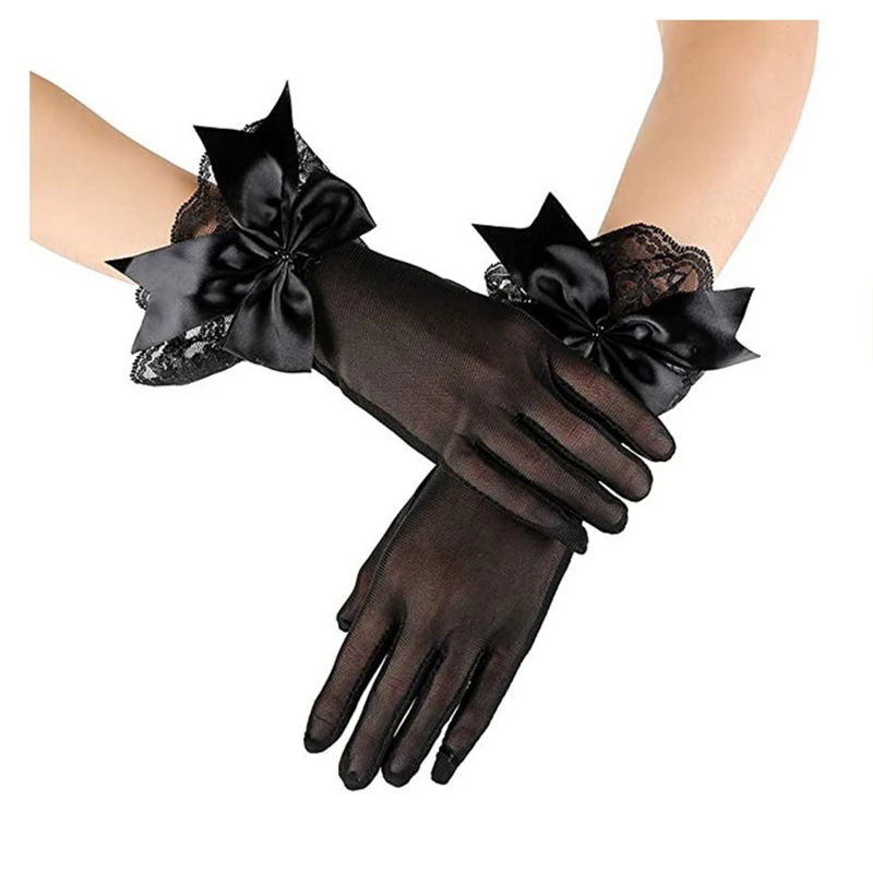 Lady Short Gloves Elegant Black White Prom Party Gloves Women Summer Driving Gloves Mesh Lace Mittens Girls Large Bow Knot Glove