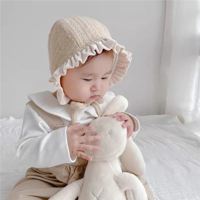 

New Autumn Cute Solid Color Kids Hats Infant Baby Girls Caps Fashion Lace Bow Hair Band Soft Cotton Hat Toddler Warm Sweet Cap