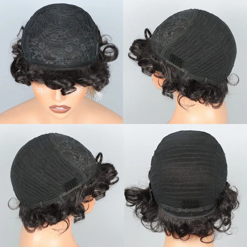 제리 컬리 밥 가발, 탄력 있는 웨이브 인모 가발 (흑인 여성용), 8인치 짧은 픽시 아프로 곱슬 가발 (앞머리 포함)