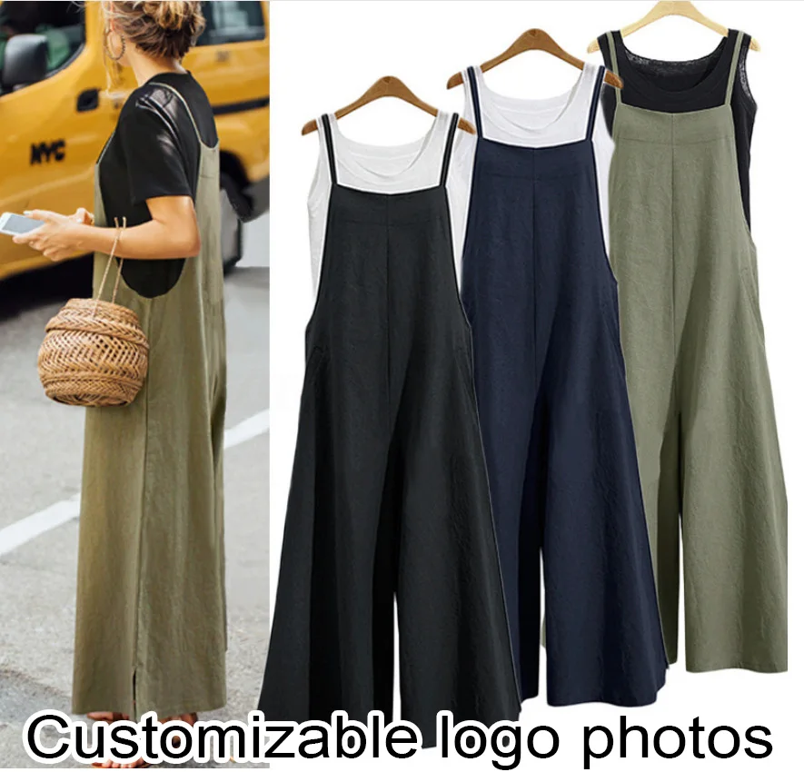 Casual Loose Jumpsuit Women Summer Solid Cotton Linen Straps Wide Leg Pants Dungaree Bib Overalls Sleeveless Oversized Jumpsuits