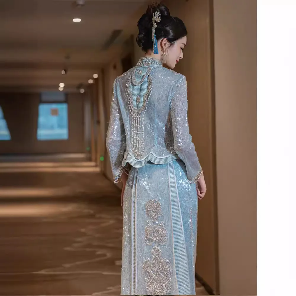 Blue Xiuhe Clothing Bridal Exit Clothing Malay Gown Skinny Dragon Phoenix Gown Toasting Wedding