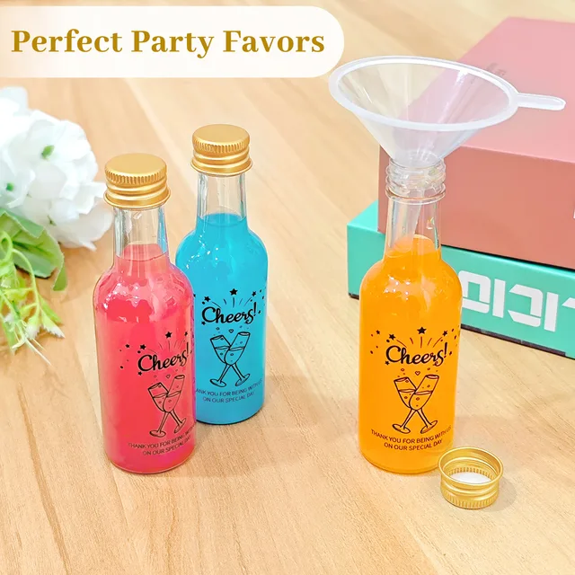 30 Pack 1.7oz Mini Plastic Liquor Bottles With Black Caps & 10 Funnels - Perfect For Party Favors, DIY, & Wedding Supplies