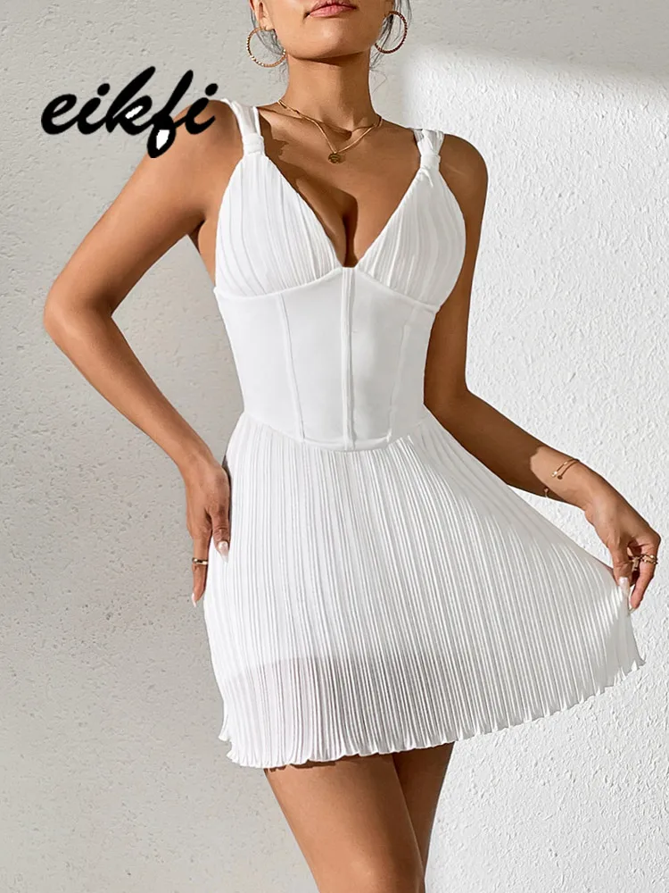 

Women Clothng Sexy Dress 2024 Summer New Office Lady Female V Neck Backless High Waist White Cami Mini Elegant Dress