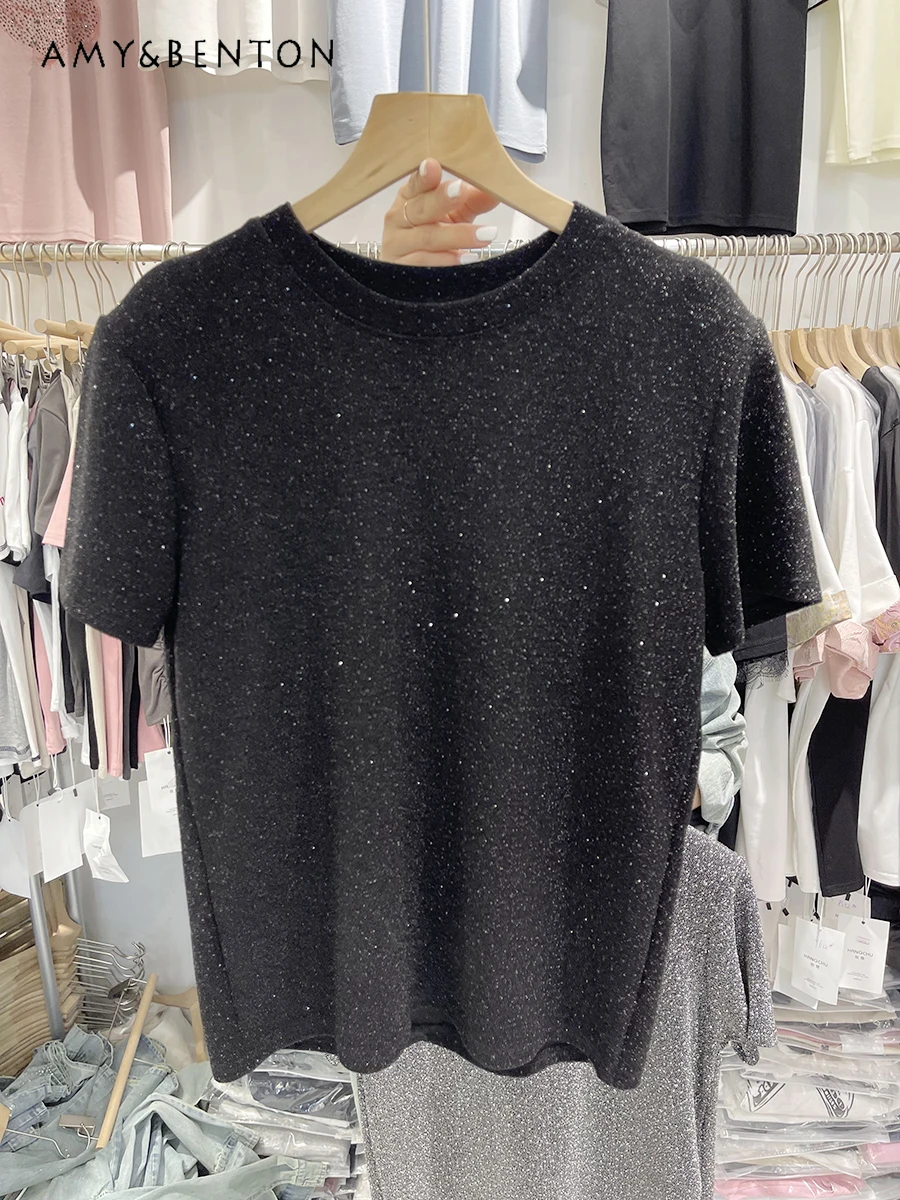 2024 Spring New Rhinestone Round Neck T-shirt Women Elegant High-Grade Versatile Slim Short Sleeve Tops Fashion Casual Y2k Top images - 6