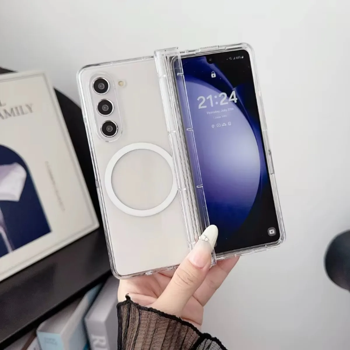 Sleek Transparent Magnetic Wireless Charging Phone Case with Hinge Protection
