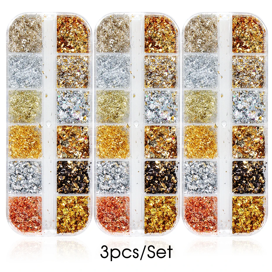 Luxurious Gold Foil Nail Art Glitter Set - 12 Color Shimmering Sparkles
