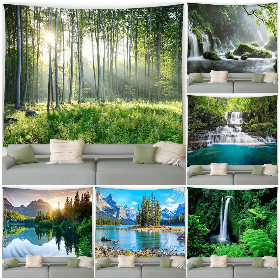 

Forest Landscape Tapestry Jungle Waterfall Tropical Plant Mountain Lake Spring Nature Home Living Room Garden Decor Wall Hanging