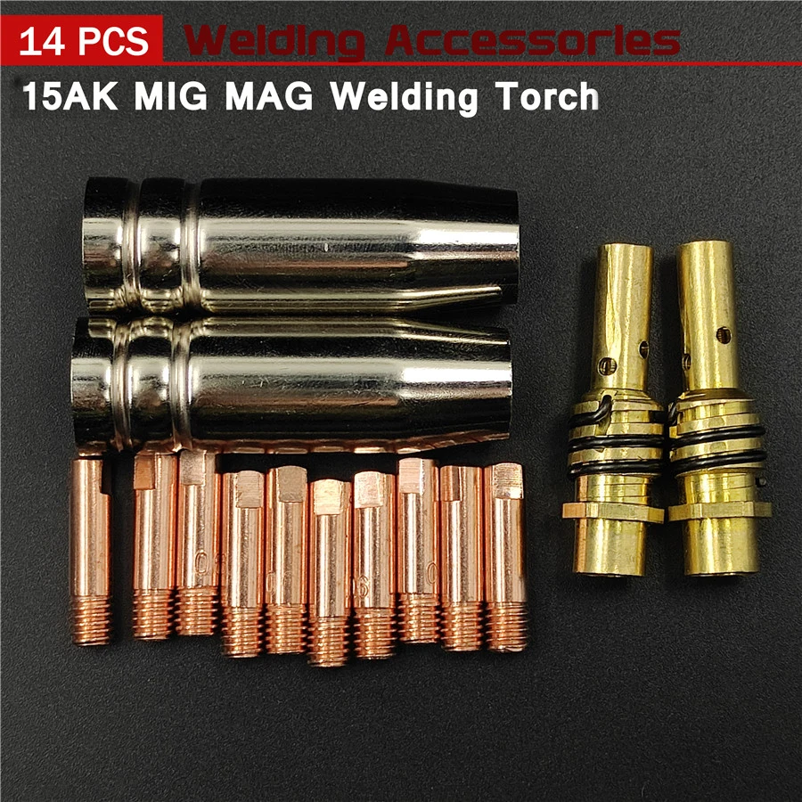 14Pcs 15AK Welding Torch Consumables 0.6mm 0.8mm 0.9mm 1.0mm 1.2mm MIG Torch Gas Nozzle Tip Holder of 15AK MIG MAG Welding Torch