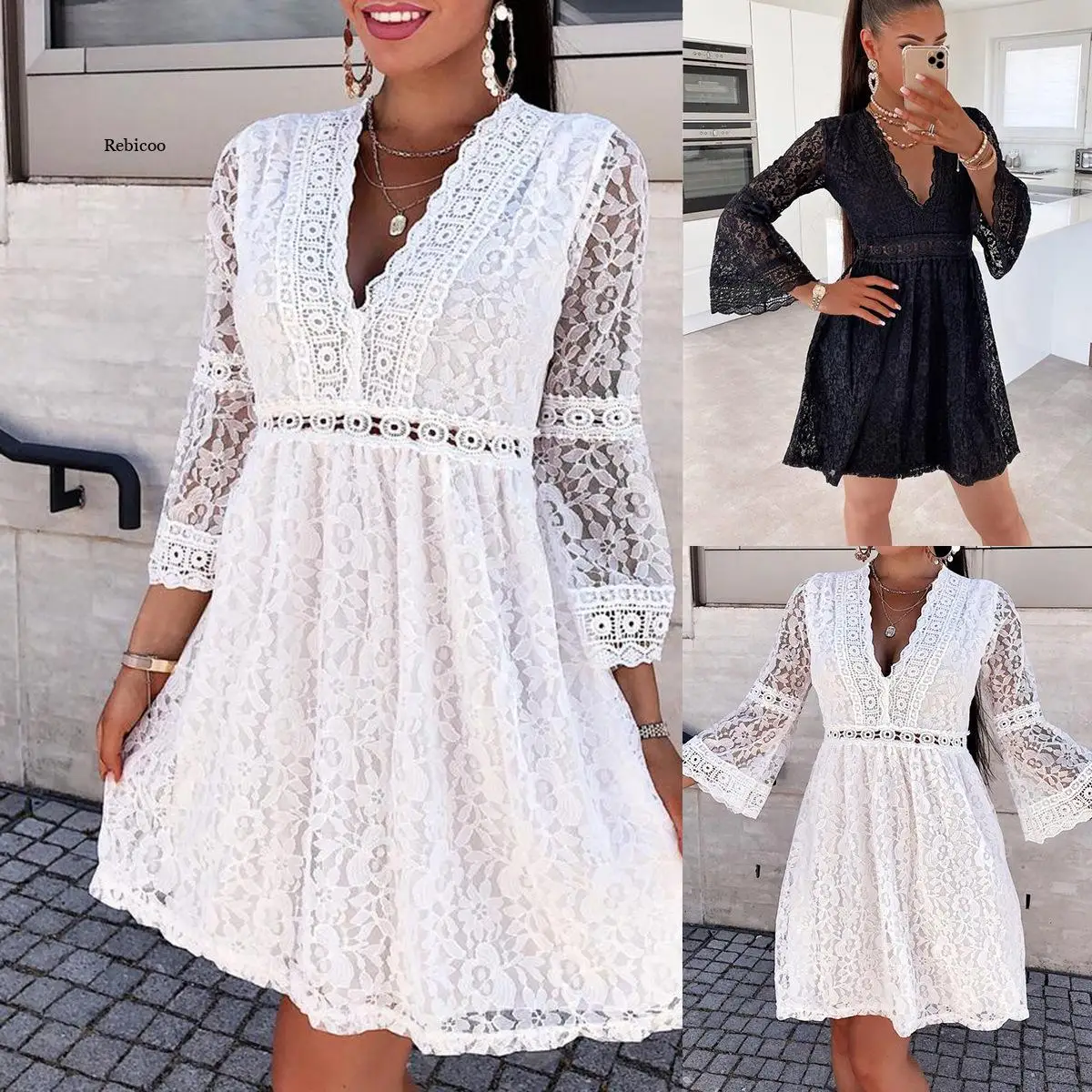 

Elegant See Through Vestidos Flare Sleeve Sexy V-neck Lace Street Mini Dress Summer 2022 Fashion Waisted Women Sundress