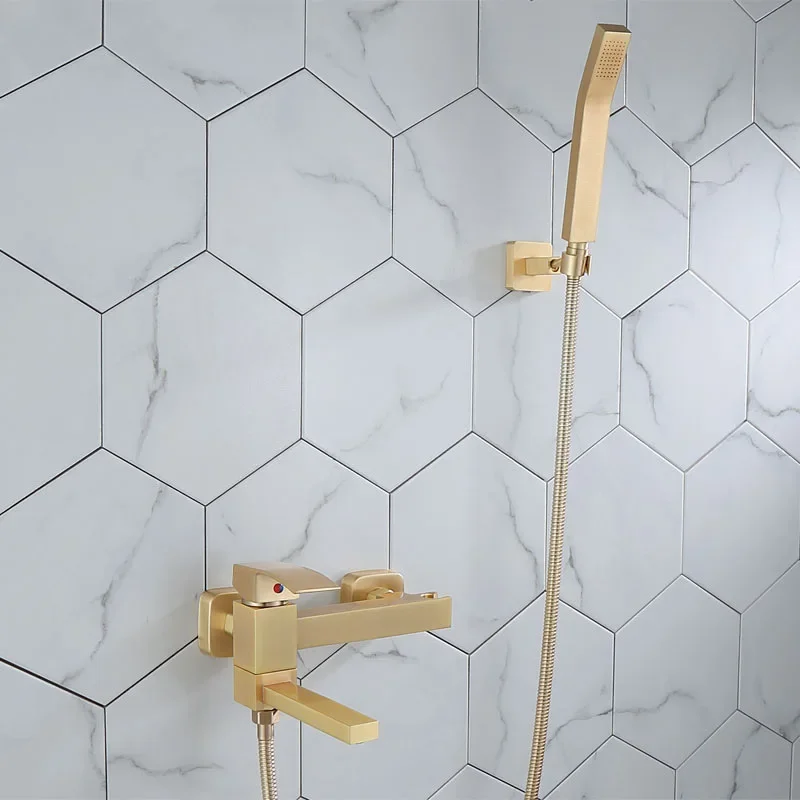 Bathtub Shower Set Wall Mounted Brushed Gold Faucet, Bathroom Cold and Hot Bath and Mixer Taps Brass