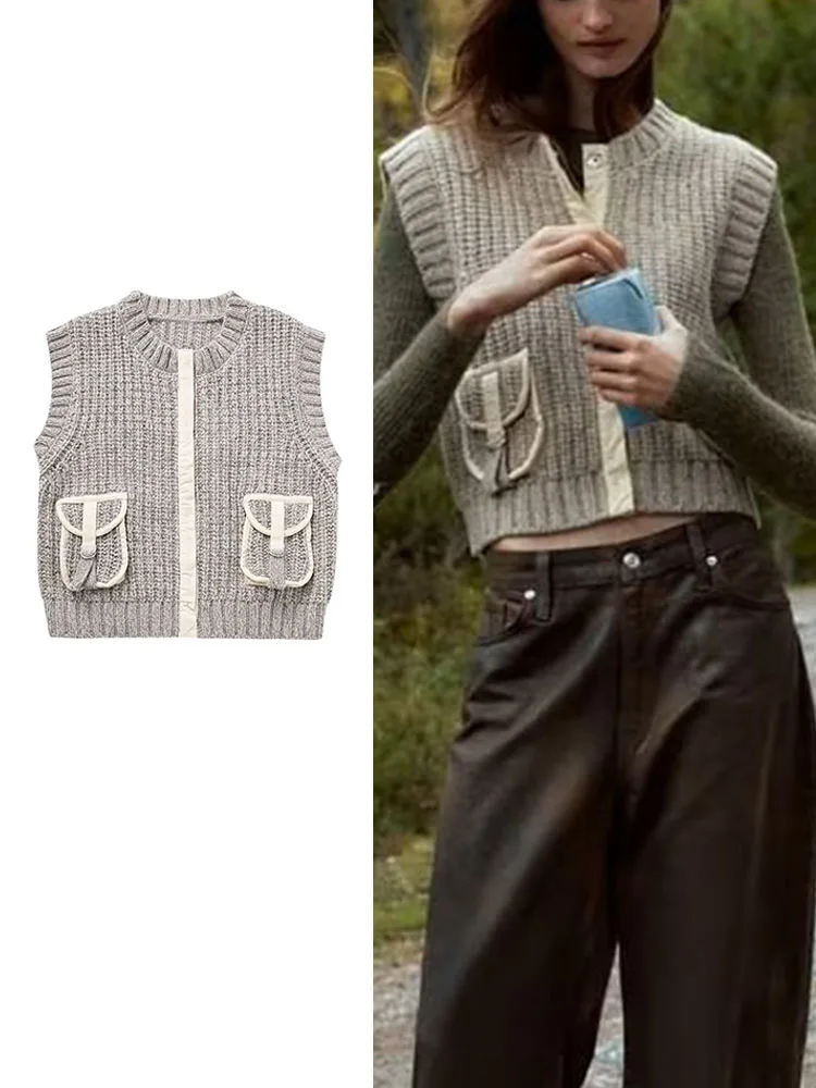 TRAF 여성용 스위트 포켓 니트 조끼, 빈티지 패션, 단색 가디건, 민소매 O-넥 스웨터 상의, 2023