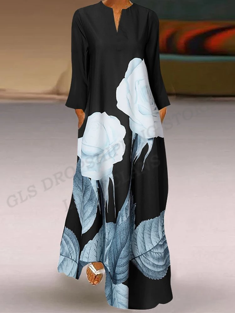 

Max Long Dress Women Fashion Loose Long Sleeve Dress Party Evening Casual Floral Dresses Elegant Boho Beach Vestidos Femme Robe