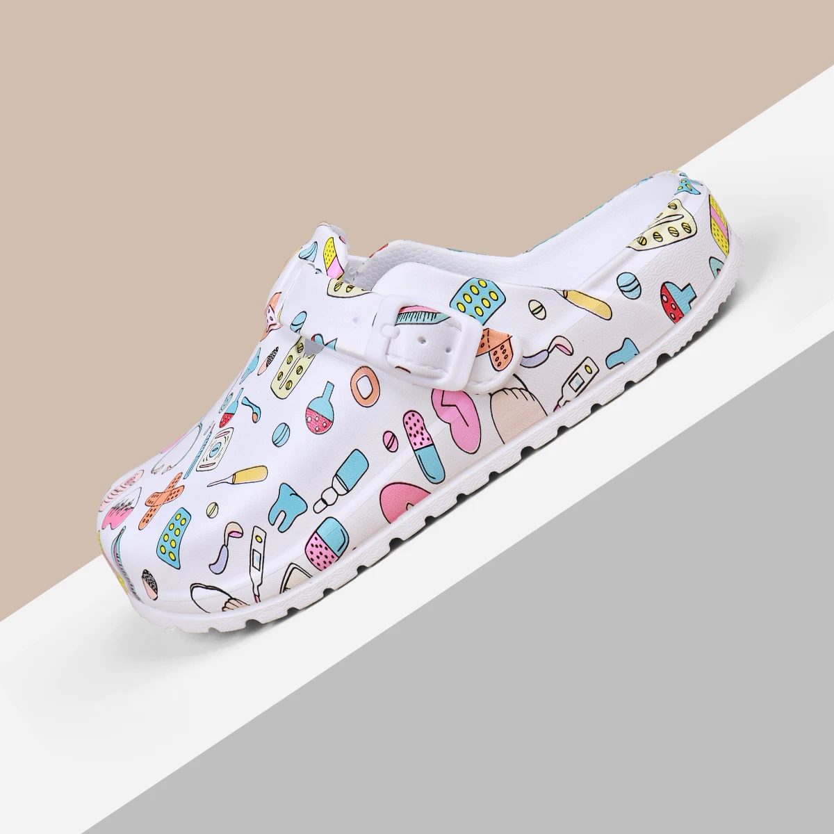 Women's Printed Indoor Sllippers Mule Clogs EVA Anti-slip Work Shoes Flat Soft Sole Adjustable Buckle Closed Toe House Slippers