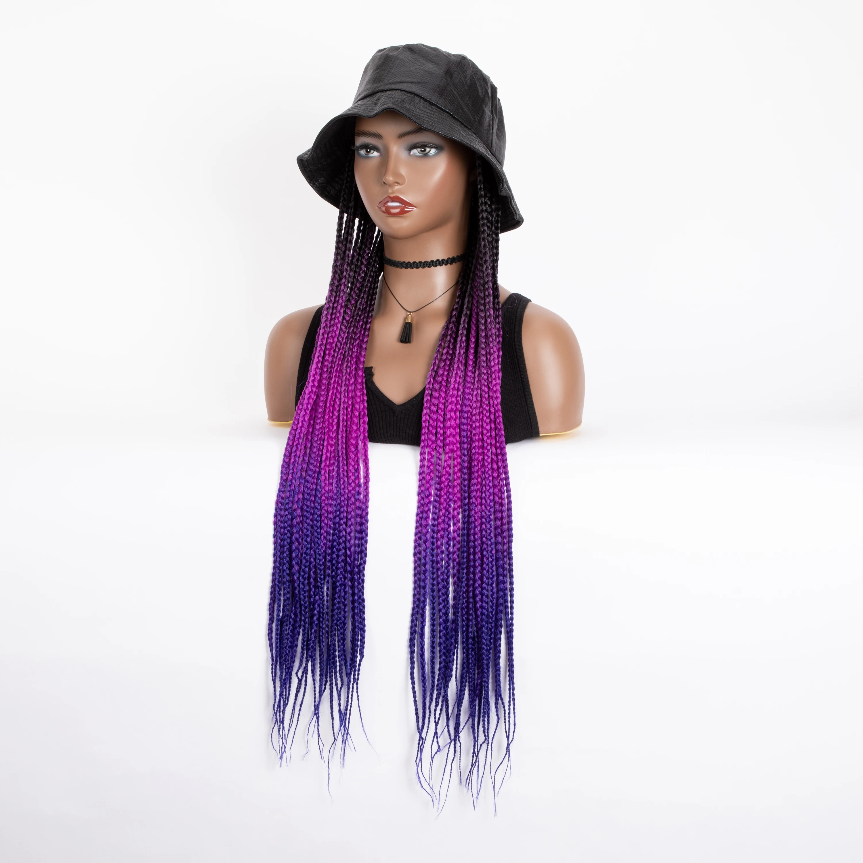 WIGERA Cheap Ombre Purple Long Box Braided Synthetic Baseball Cap Braiding Braids Wig With Hair Extensions Bucket Hat For Wemon