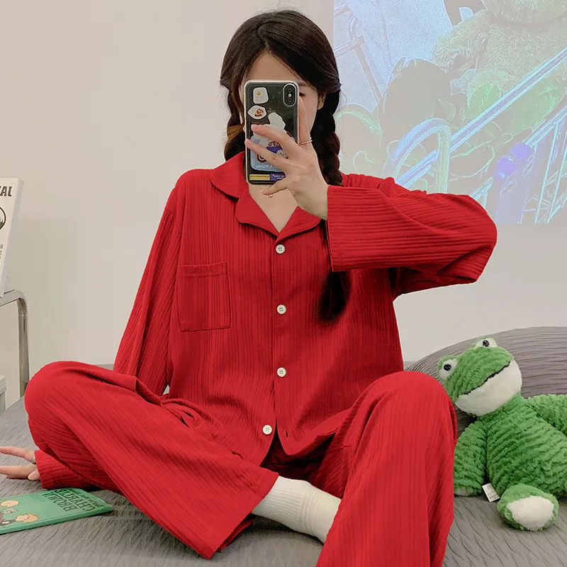 Spring Autumn Women's Pajamas Lapel Long Sleeve Cardigan Pants Two Piece Set Loose Fitting Home Clothing Girls Sweet Sleepwear