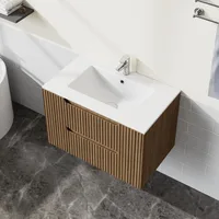 30” Wall Mounted Bathroom Vanity with Sink Floating Bathroom Cabinet Sink Combo, Soft-Close System, 2 Extra Big Drawers, Walnut 1