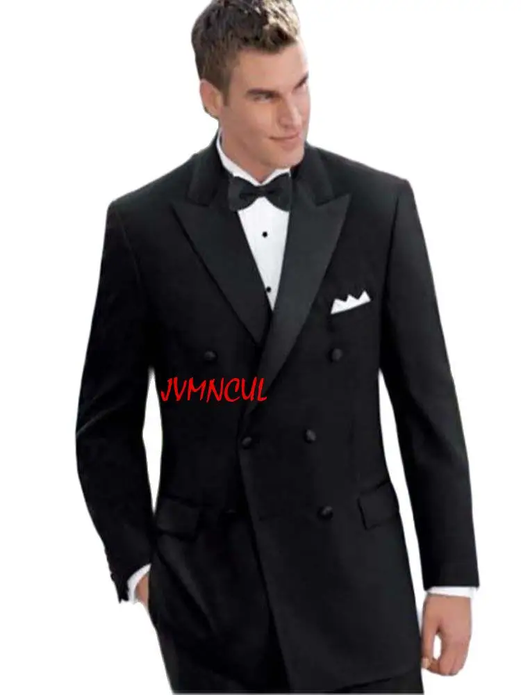 

3Pcs (Jacket+Pants+Bow+Handkerchiefs) Black Double Breasted Custome Homme Mens Suits Slim Fit Fashion Men Suit Blazer Trousers