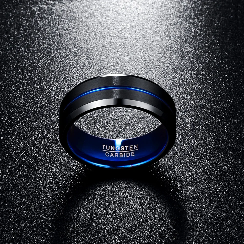 BONLAVIE  8mm Tungsten Carbide Ring Blue & Black Matte Finish Beveled Edge Men's Women Wedding Band Large Size 4 to 17 4