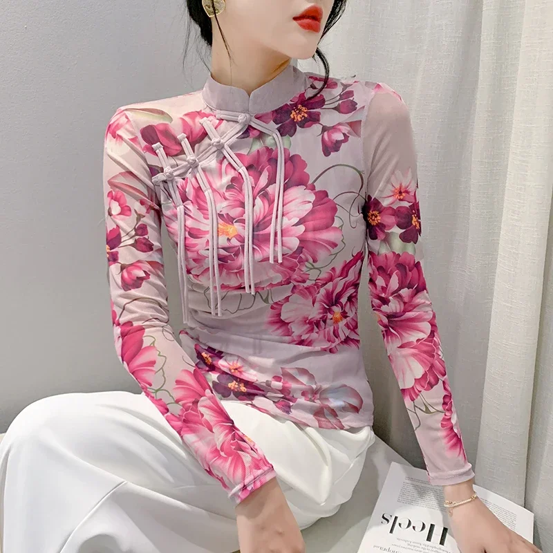 

Spring/Autumn 2023 New China-Chic Vintage Palace Style Button Stand Collar Long Sleeve Printed T-shirt Women's Top Mesh Tees